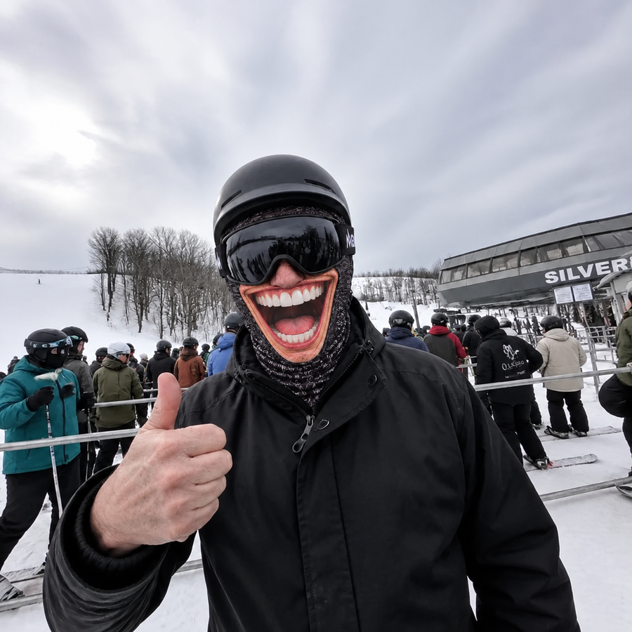 A customer giving a thumbs up while wearing a SmileyRush ski mask